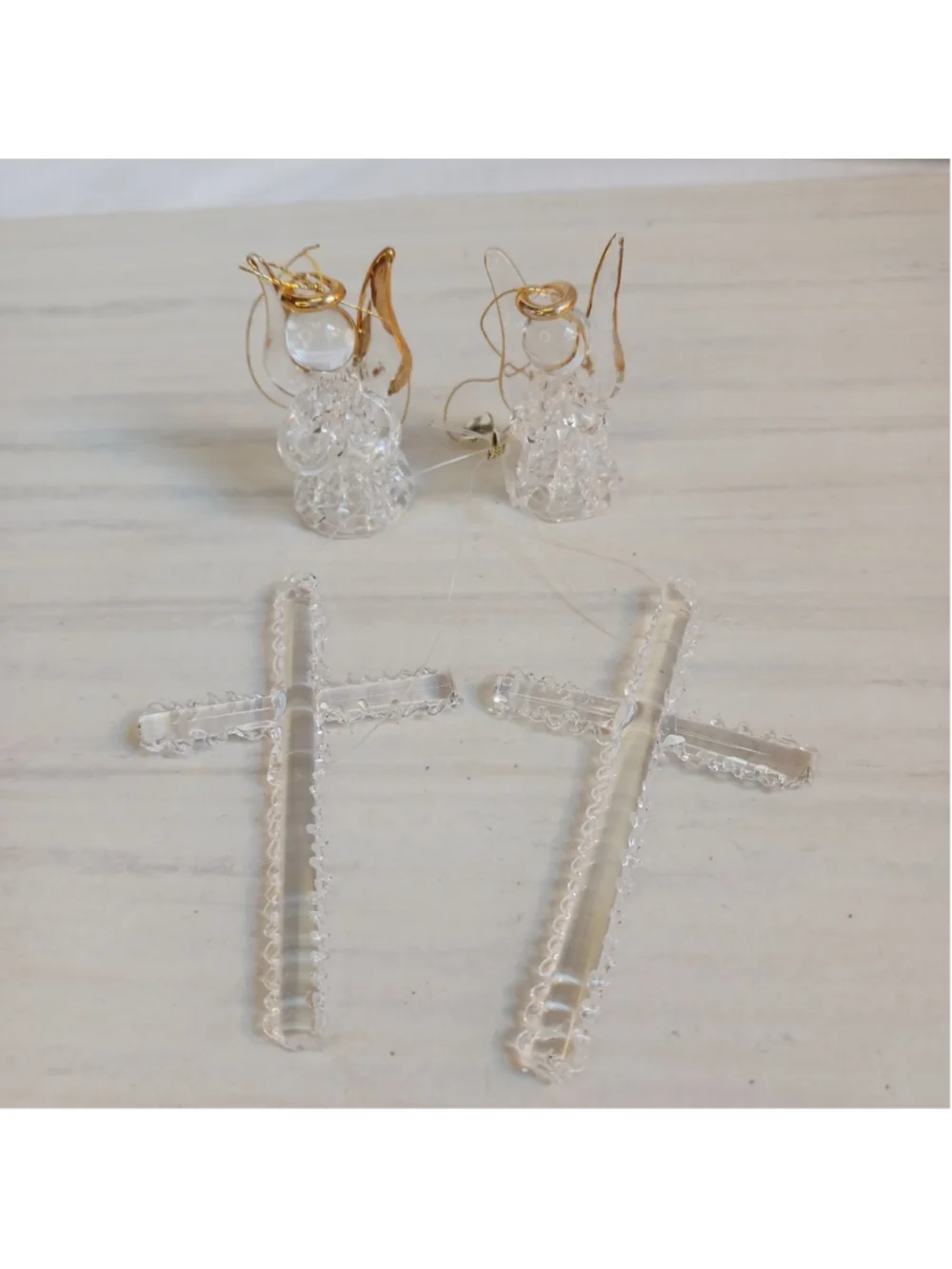 Lot Of 4 Vintage Handmade Glass Ornaments (2) Angel (2) Cross Grandmacore Cute